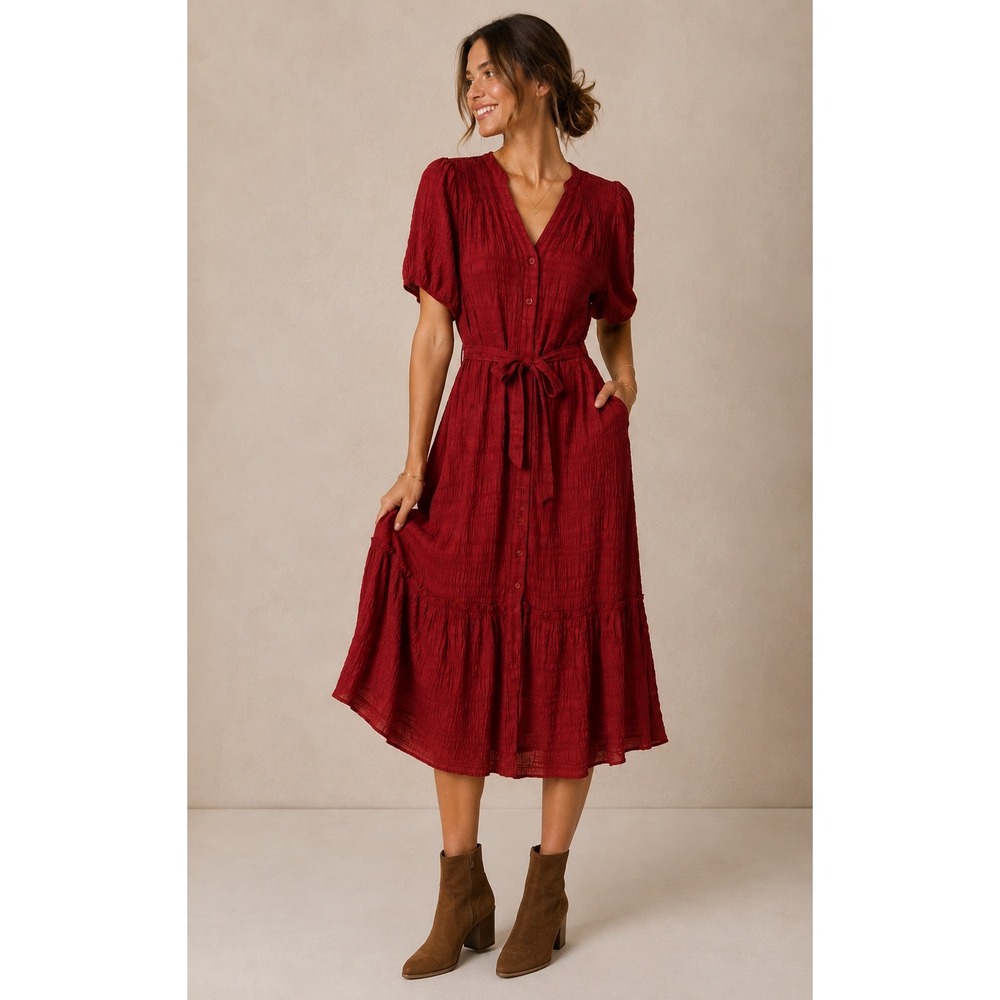 Mila Mae Burnt Red Maxi Dress Womens Large Tiered Boho Fall Minimalist